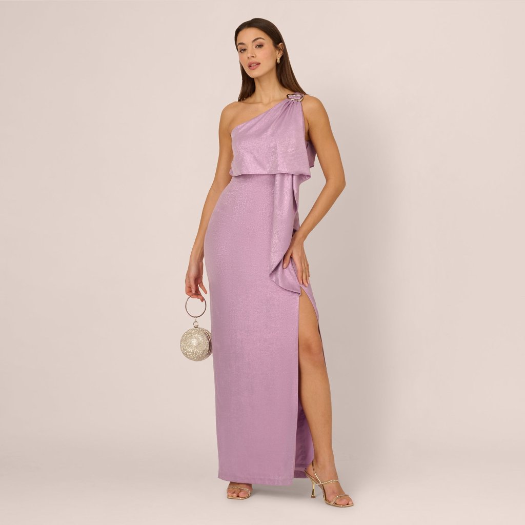 Adrianna Papell One Shoulder Foil Draped Popover Gown In Light Purple Size 16lig